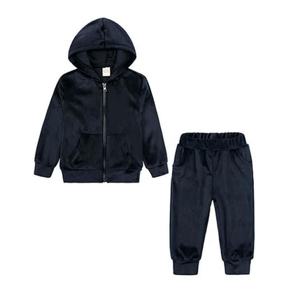 Velvet Vibes Hooded Tracksuit Set – cozy and sporty outfit for kids aged 2-7, featuring a black velvet jacket with a hood and matching pants.