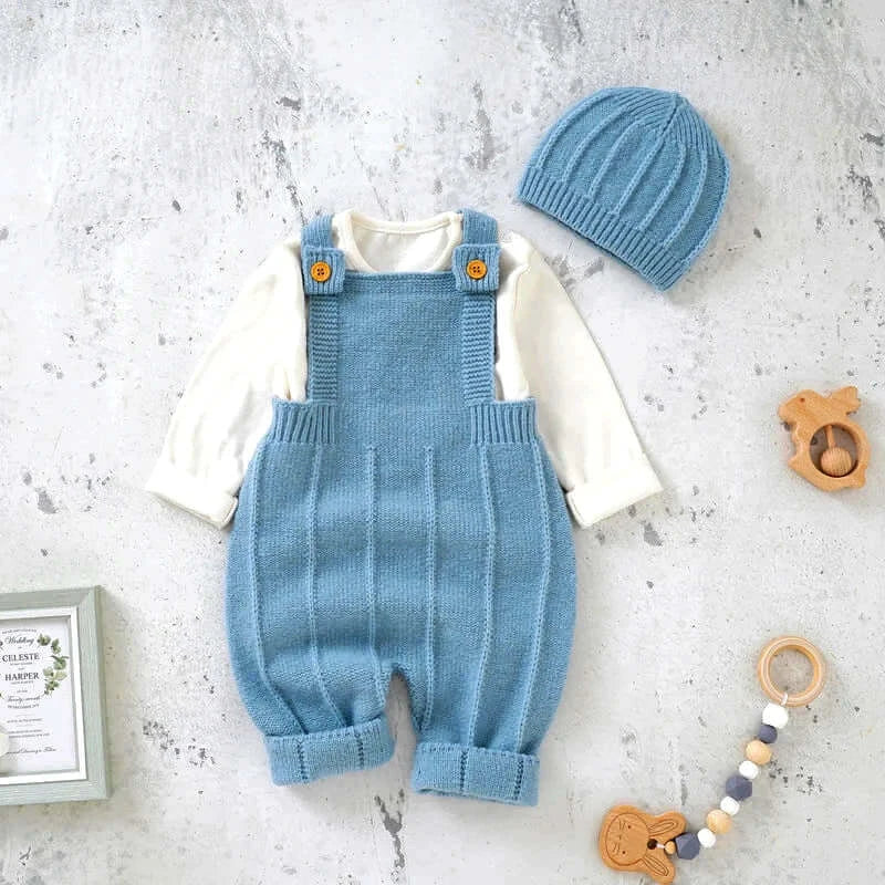 Cozy Verona Stroll Knit Baby Overall Set with Hat, Perfect for Autumn Adventures (3-18M). Soft, Charming Outfit for Babies.