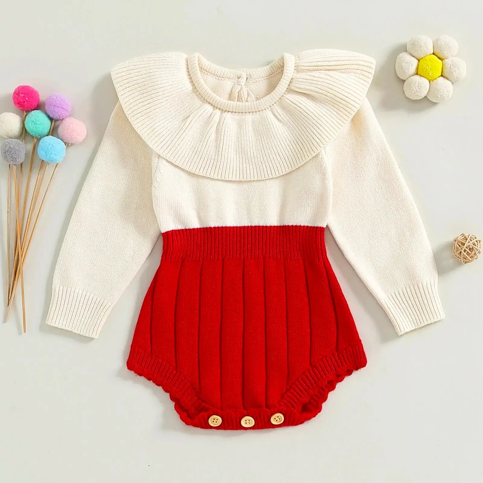 Vienna Holiday Knit Romper with Ruffled Collar for Babies in Festive Red and Cream – Perfect for Cozy Winter Days