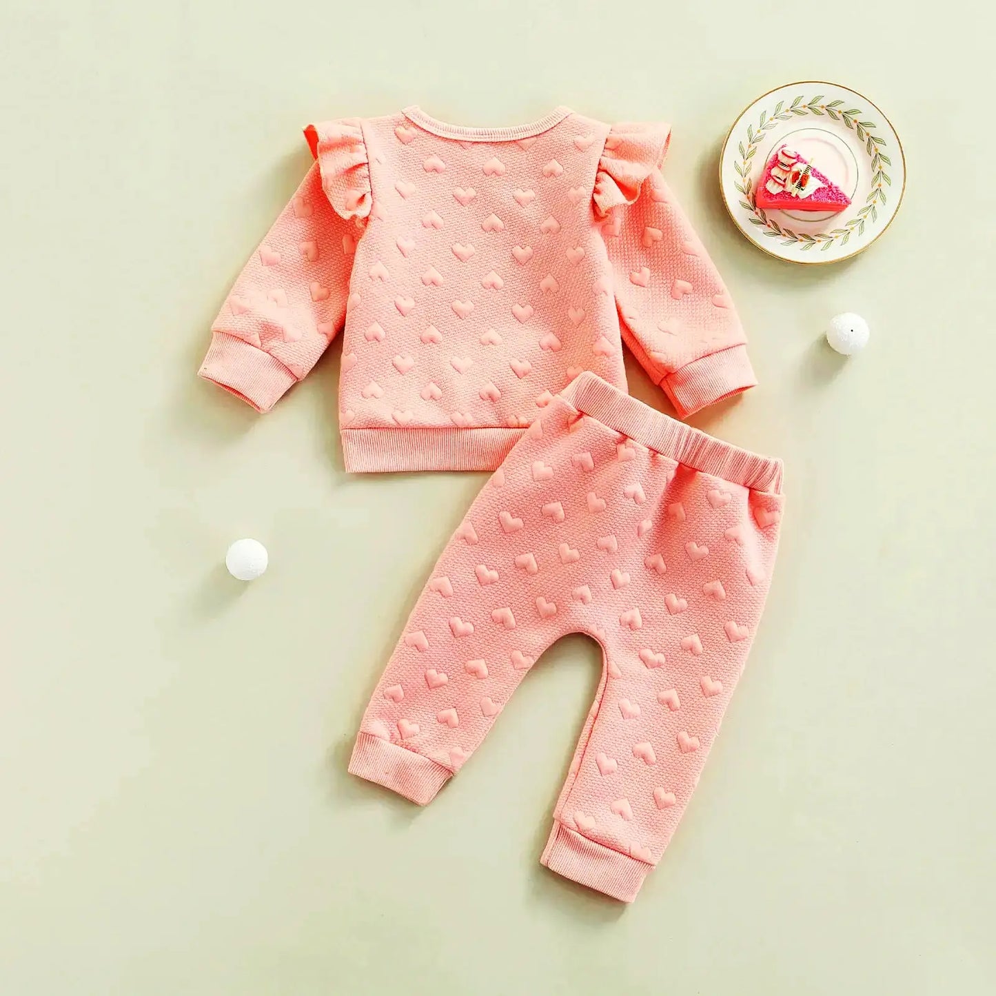 Charming heart printed baby ruffle top and pants set for 3-24 months.