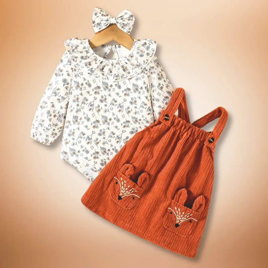 Woodland Charm Baby Outfit with Floral Bodysuit and Rust Fox Corduroy Pinafore, perfect for autumn adventures.