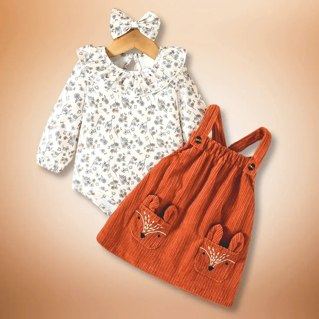 Woodland Charm Baby Outfit with Floral Bodysuit and Fox Corduroy Pinafore, perfect for autumn adventures, sizes 6M-3T.