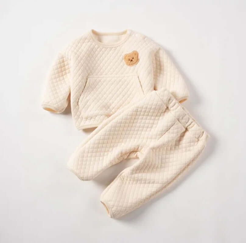 Baby Bear Bliss Waffle Knit Set for infants, cozy 2-piece outfit, cute bear design.