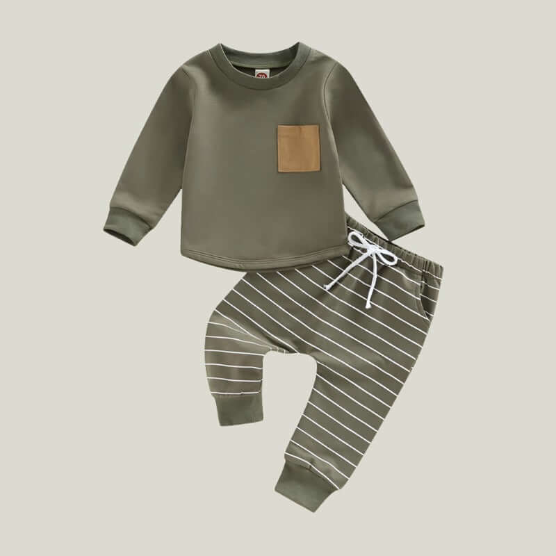 2PCS Toddler Boy Autumn Clothes Long Sleeve Round Neck Tops with Pocket Pullover and Stripe Trousers Tracksuit