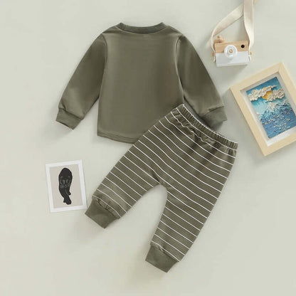 2PCS Toddler Boy Autumn Clothes Long Sleeve Round Neck Tops with Pocket Pullover and Stripe Trousers Tracksuit