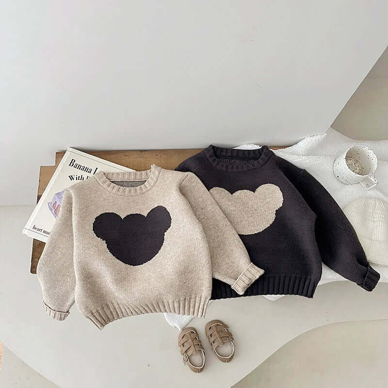 Beary Cute Cotton Sweater for babies in beige and black with charming cartoon bear, long-sleeved and cozy for all casual occasions