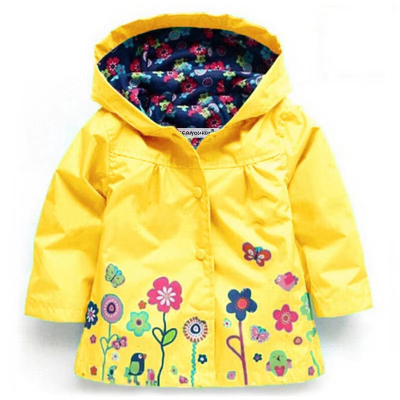 Girls' Fashionable Waterproof Autumn Jacket for Children - Long Sleeve Windcoat with Flower Print Hoodie