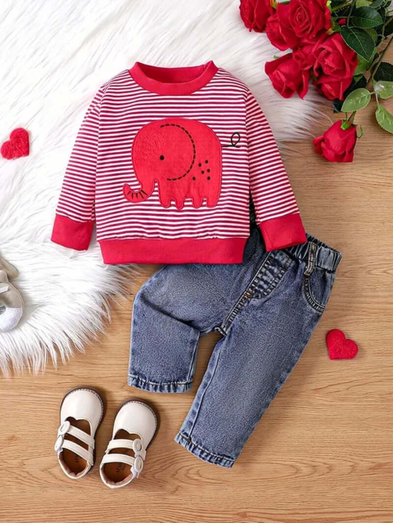 0-24 Months Spring Autumn New Boy Girl And Toddler Elephant Stripe Top Casual Cute Print Jeans Set