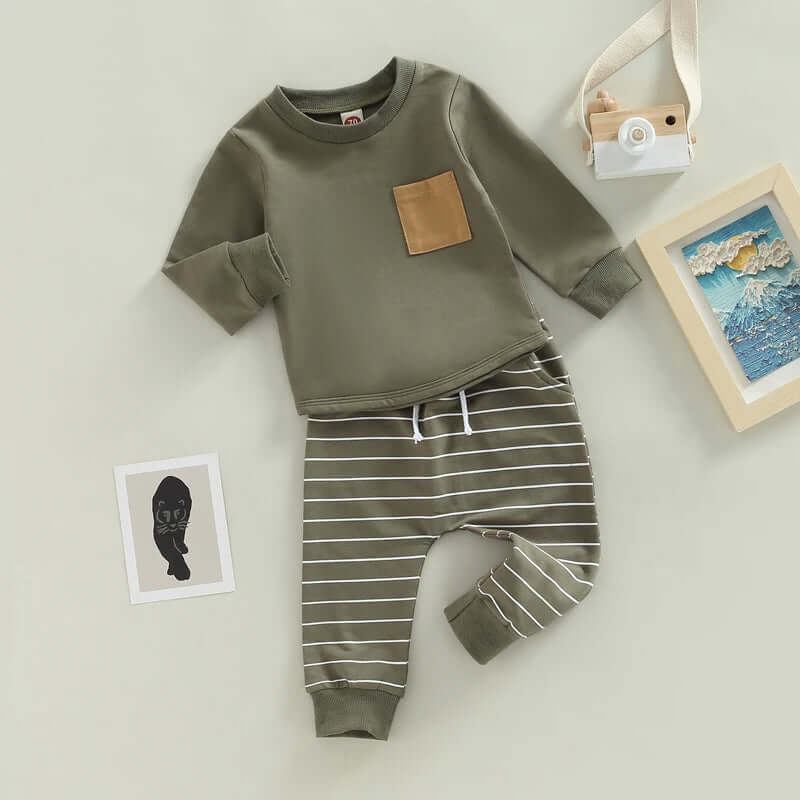 2PCS Toddler Boy Autumn Clothes Long Sleeve Round Neck Tops with Pocket Pullover and Stripe Trousers Tracksuit