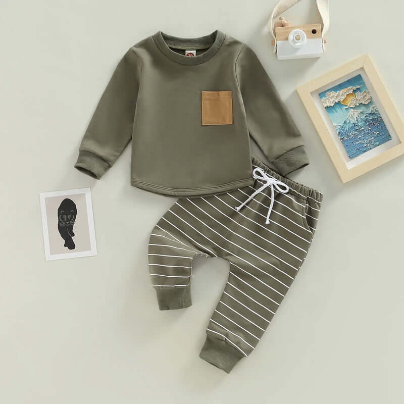 2PCS Toddler Boy Autumn Clothes Long Sleeve Round Neck Tops with Pocket Pullover and Stripe Trousers Tracksuit