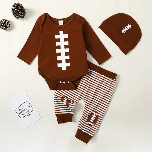 2023-08-02  0-18M Baby Boy Girl Football Outfit Long Sleeve Sweatshirt Romper Rugby Stripe Elastic Pants 3PCS Clothes