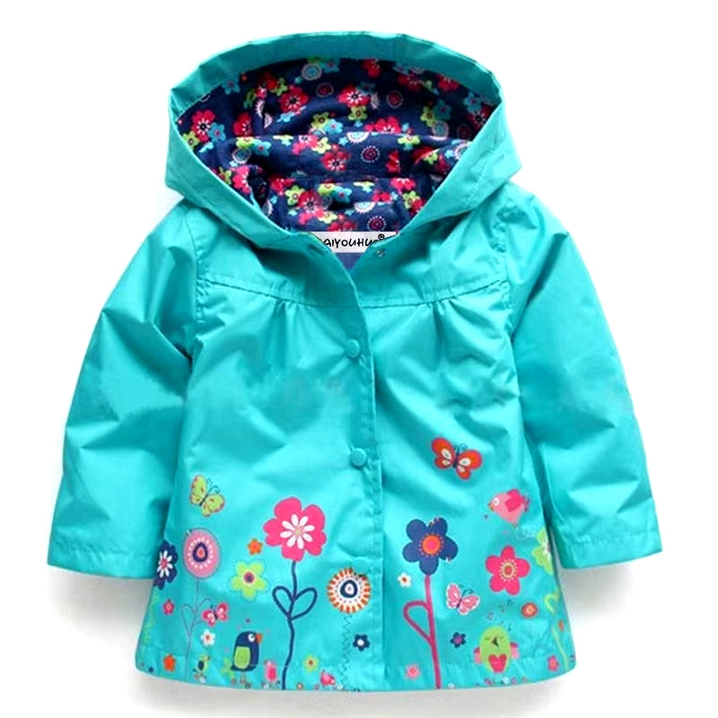 Fashionable waterproof hoodie jacket with flower print for toddlers, long sleeve raincoat, size 2T-6Y.