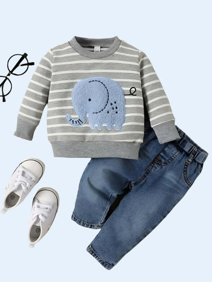 0-24 Months Spring Autumn New Boy Girl And Toddler Elephant Stripe Top Casual Cute Print Jeans Set