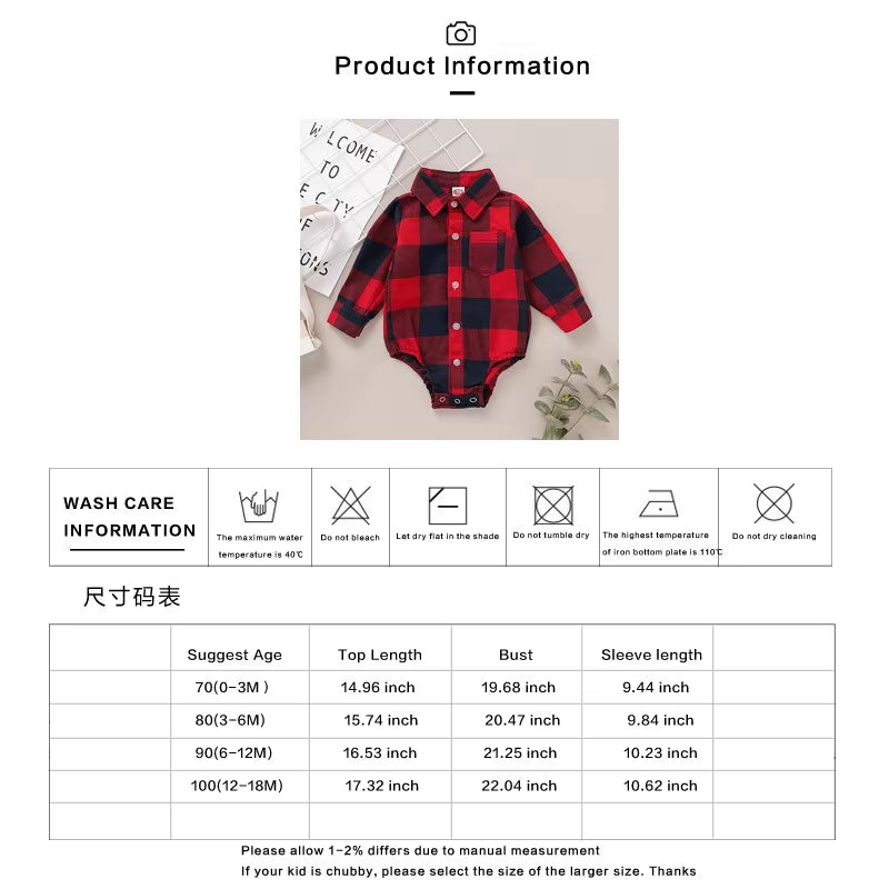 Newborn Baby Boy Long Sleeve Red Plaid Romper - Fashionable Spring & Autumn Jumpsuit for Infants (0-18 Months)