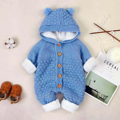 Cozy cashmere knit hooded romper for babies (3-18M) in soft blue with buttons and a snug hood, ideal for autumn and winter.