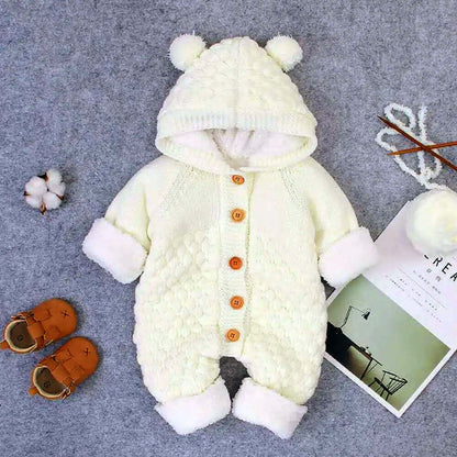 Cozy cashmere knit hooded romper for babies, perfect for autumn and winter.