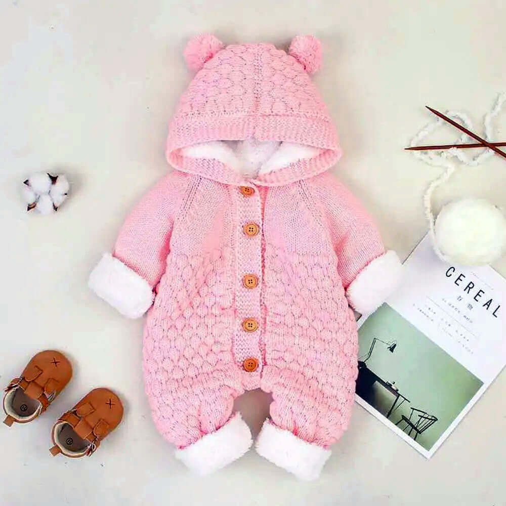 Cozy Cashmere Knit Hooded Romper for Babies (3-18M) in Pink with Bear Ears